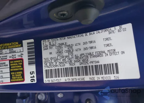 2022 Toyota Tacoma Trd Off Road z USA, uszkodzony, nr VIN 3TMAZ5CN3NM176169